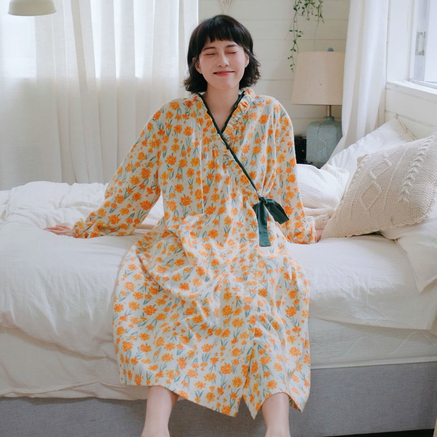 Chemise de nuit en pur coton brossé à motif floral