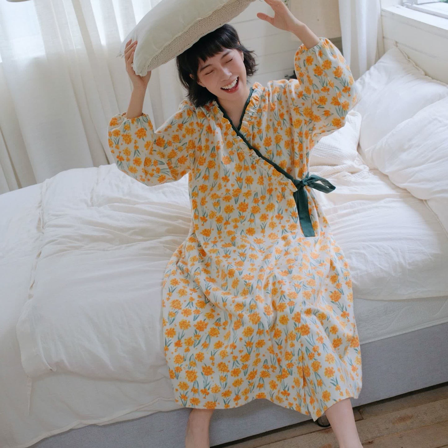 Chemise de nuit en pur coton brossé à motif floral
