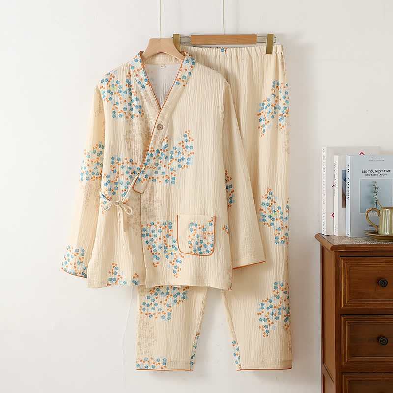 Ensemble pyjama à manches longues en kimono de coton à motif floral