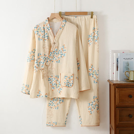 Ensemble pyjama à manches longues en kimono de coton à motif floral