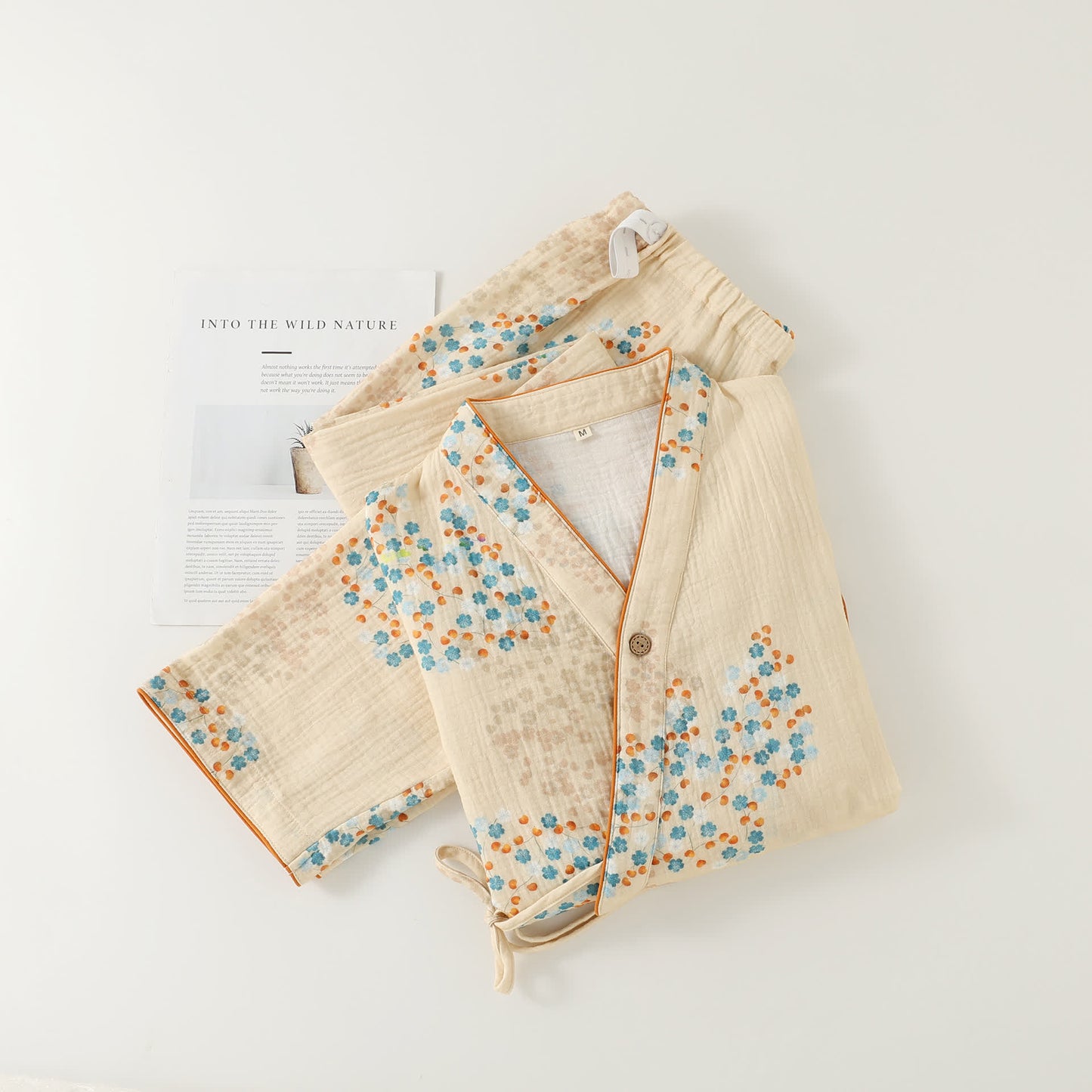 Ensemble pyjama à manches longues en kimono de coton à motif floral