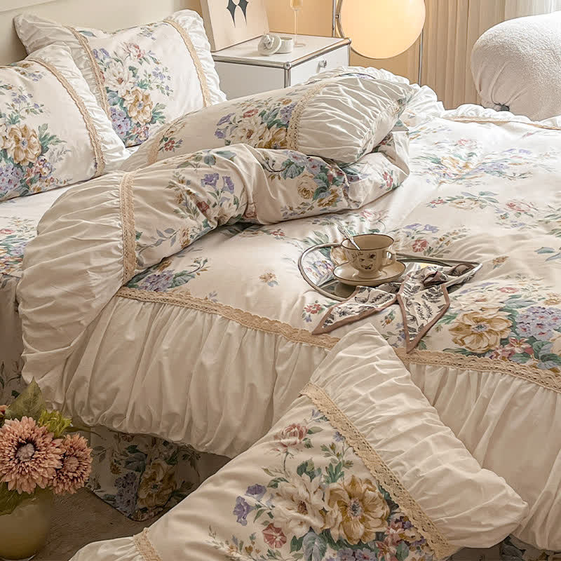Parure de lit luxueuse en pur coton à motif floral (4 pièces)