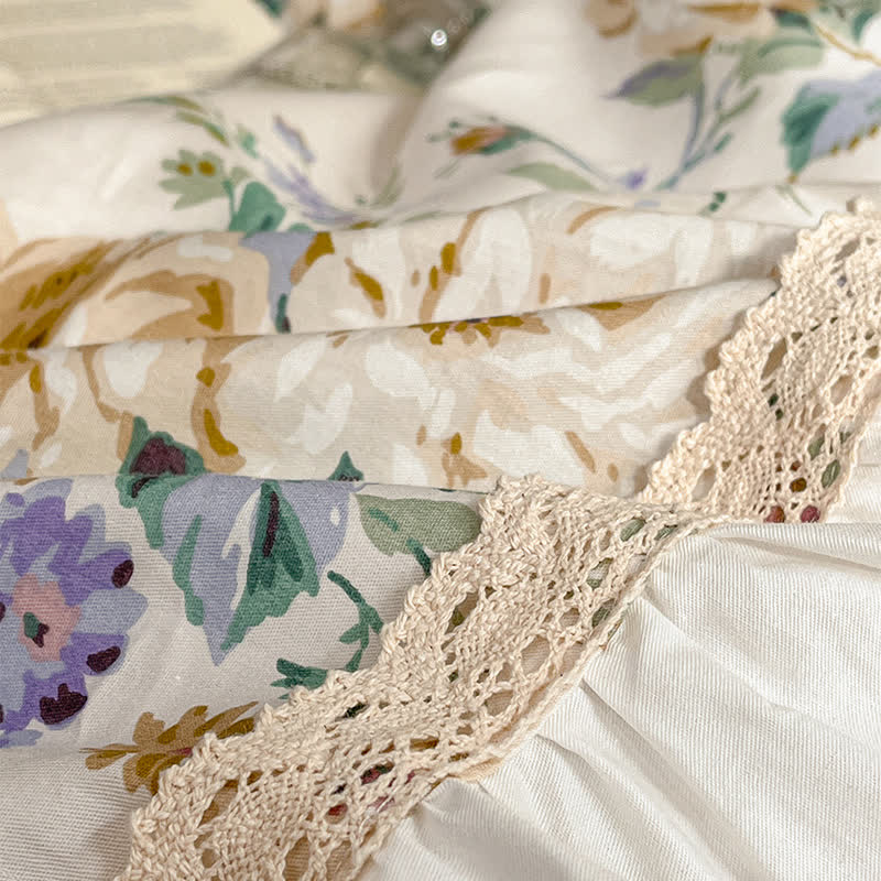 Parure de lit luxueuse en pur coton à motif floral (4 pièces)