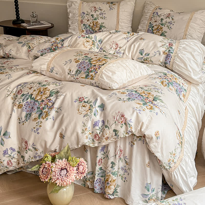 Parure de lit luxueuse en pur coton à motif floral (4 pièces)