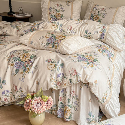 Parure de lit luxueuse en pur coton à motif floral (4 pièces)