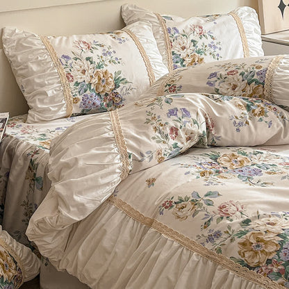 Parure de lit luxueuse en pur coton à motif floral (4 pièces)