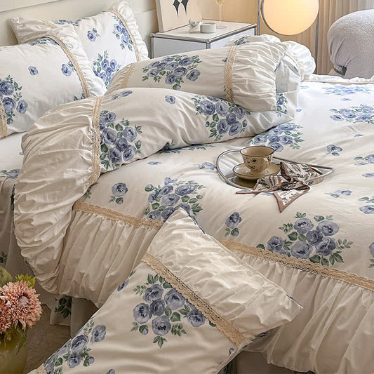 Parure de lit en coton avec housse de couette et jupe de lit (4 pièces)