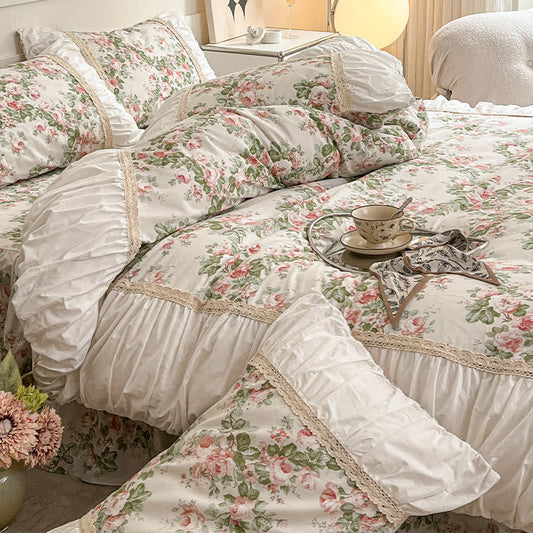 Parure de lit élégante avec jupe de lit à motif floral (4 pièces)