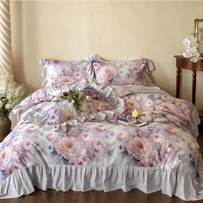 Parure de lit romantique en coton rose (4 pièces)