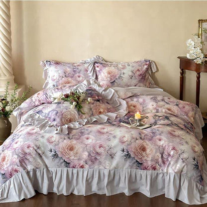 Parure de lit romantique en coton rose (4 pièces)