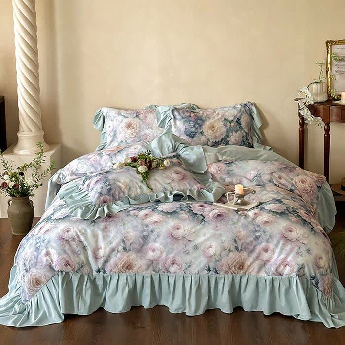 Parure de lit romantique en coton rose (4 pièces)