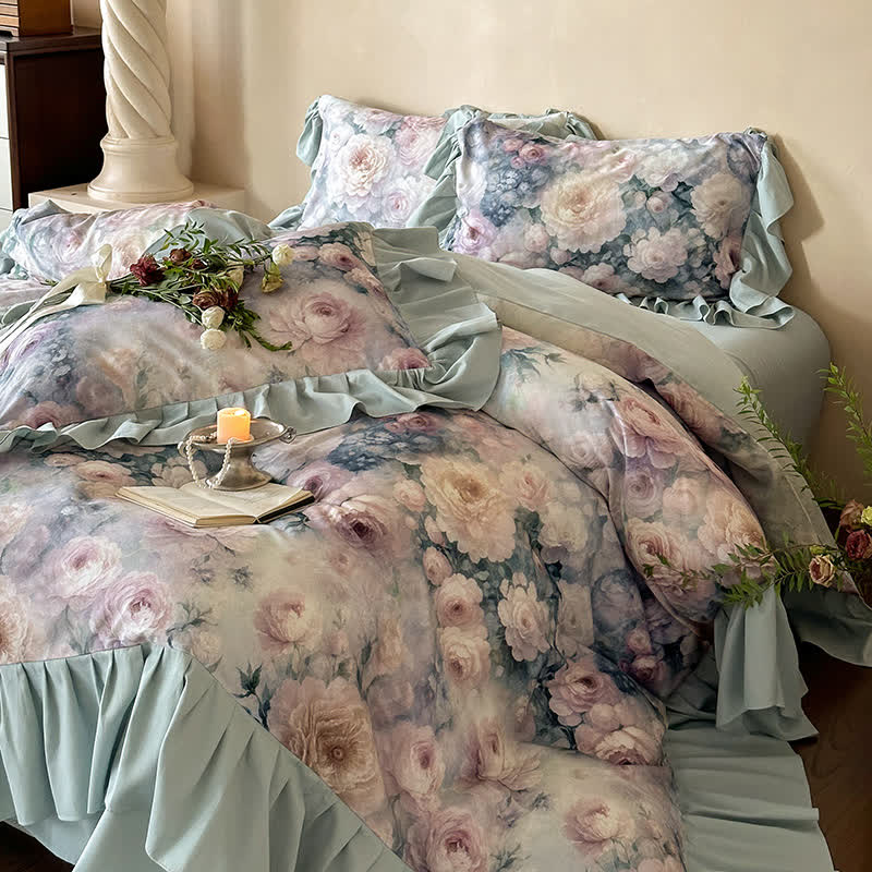 Parure de lit romantique en coton rose (4 pièces)