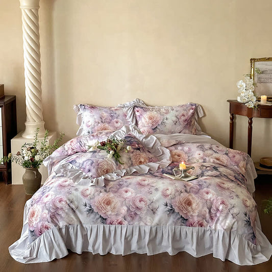 Parure de lit romantique en coton rose (4 pièces)
