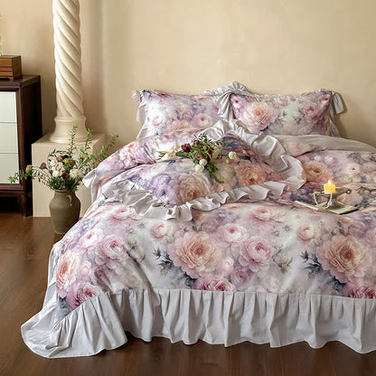 Parure de lit romantique en coton rose (4 pièces)