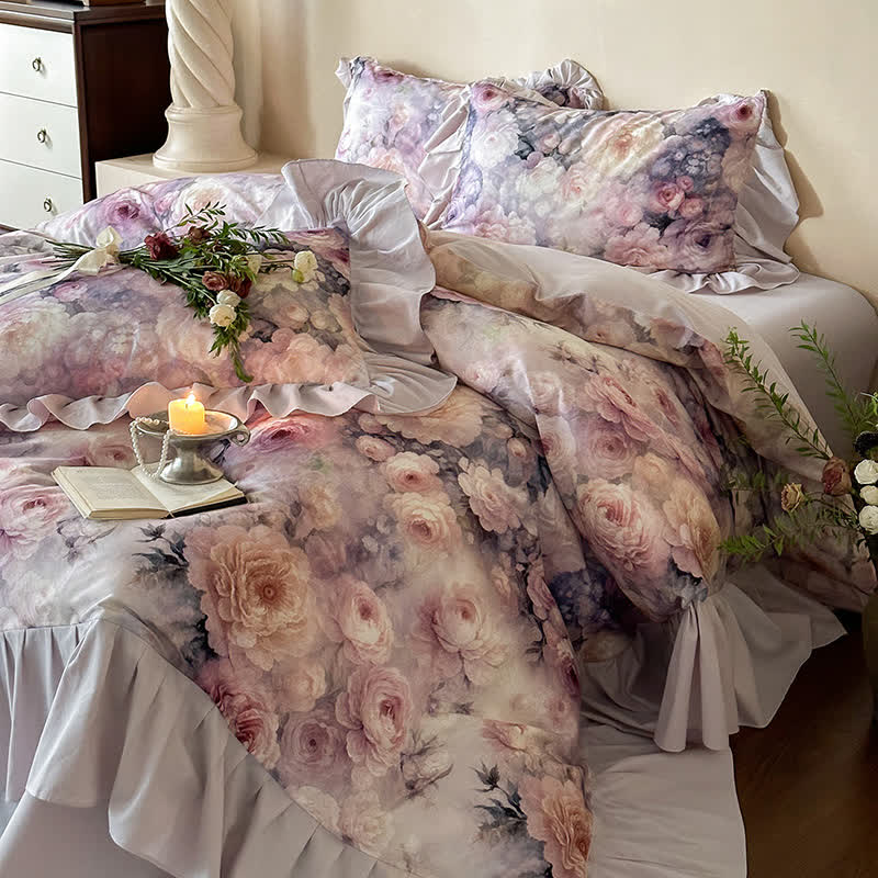 Parure de lit romantique en coton rose (4 pièces)