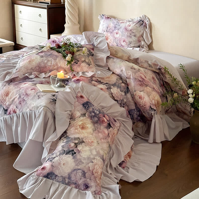 Parure de lit romantique en coton rose (4 pièces)