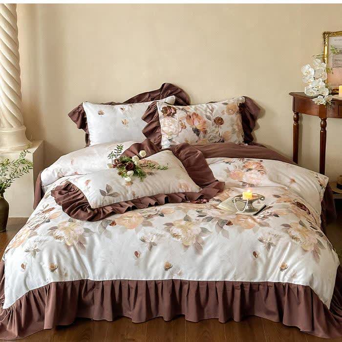 Parure de lit en coton brossé avec bordure en dentelle florale (4 pièces)