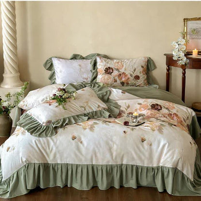 Parure de lit en coton brossé avec bordure en dentelle florale (4 pièces)