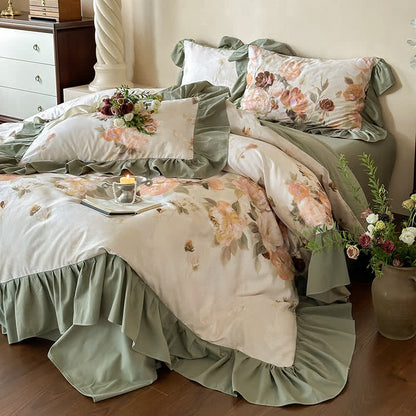 Parure de lit en coton brossé avec bordure en dentelle florale (4 pièces)