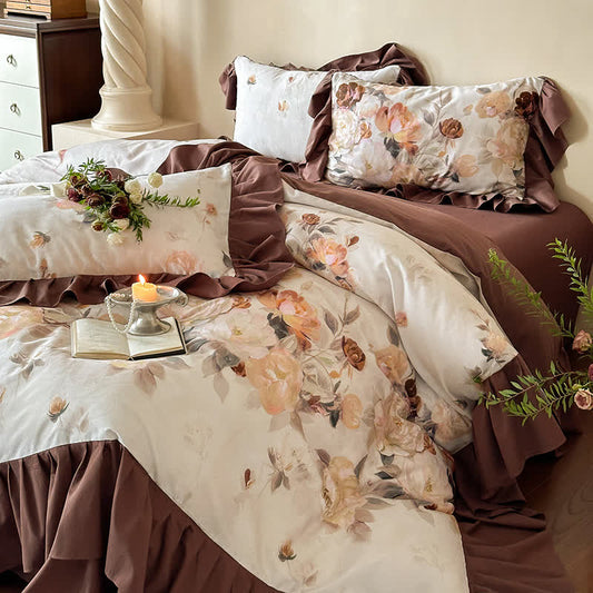 Parure de lit en coton brossé avec bordure en dentelle florale (4 pièces)