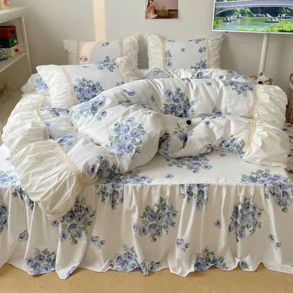 Parure de lit en coton avec housse de couette et jupe de lit (4 pièces)