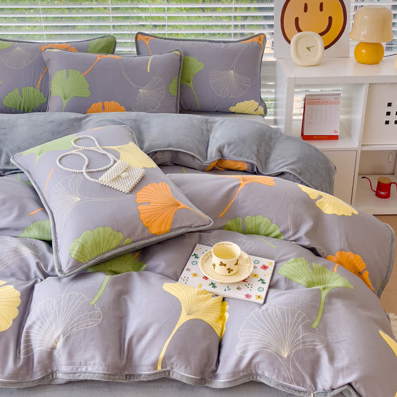 Parure de lit en coton avec feuilles de ginkgo (4 pièces)