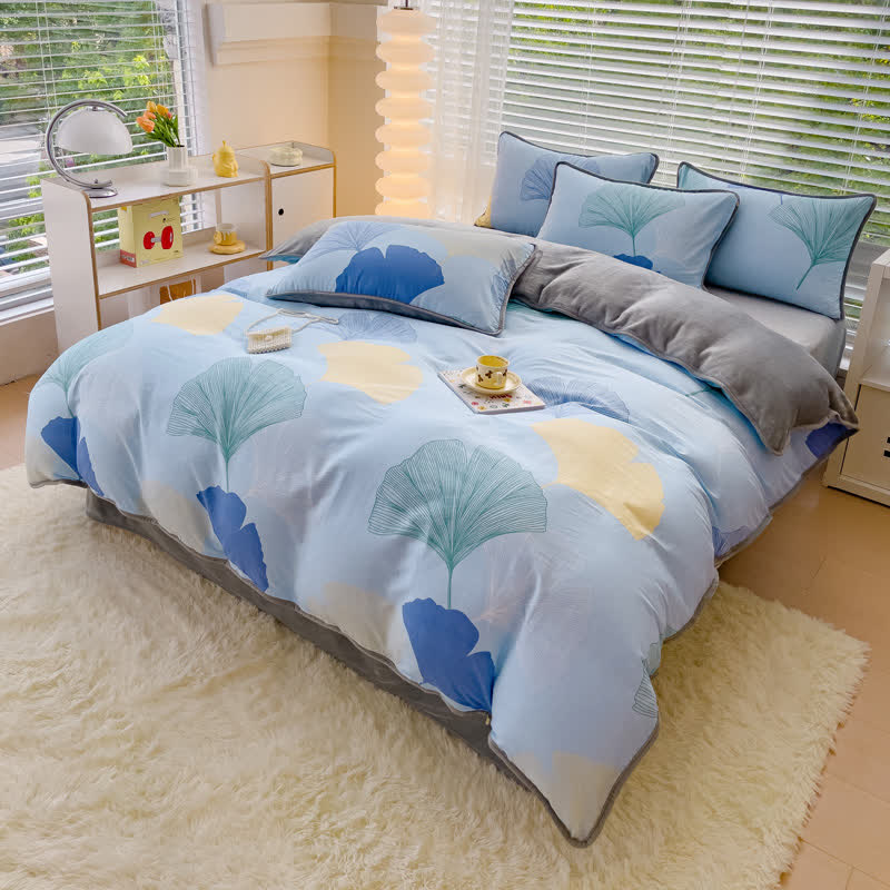 Parure de lit douce avec feuilles de ginkgo (4 pièces)