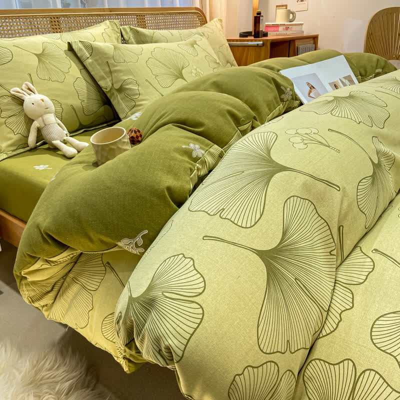 Linge de lit en coton brossé avec feuilles de ginkgo