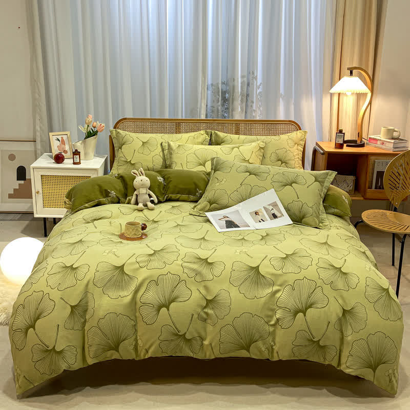 Linge de lit en coton brossé avec feuilles de ginkgo
