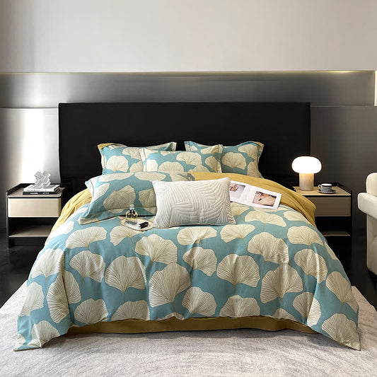 Parure de lit en coton brossé motif feuille de ginkgo (4 pièces)