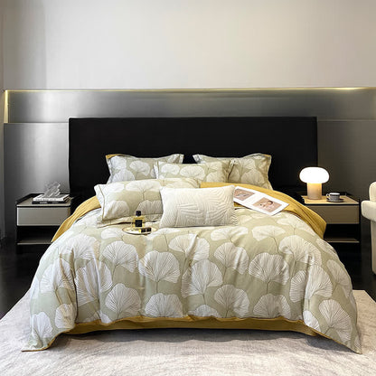 Parure de lit en coton brossé motif feuille de ginkgo (4 pièces)