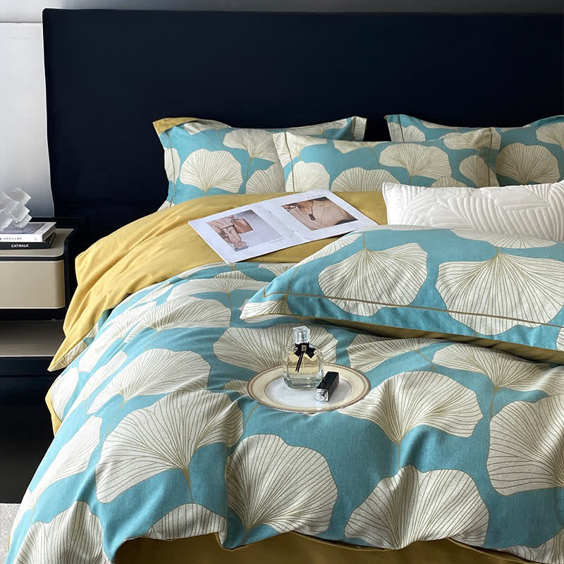 Parure de lit en coton brossé motif feuille de ginkgo (4 pièces)