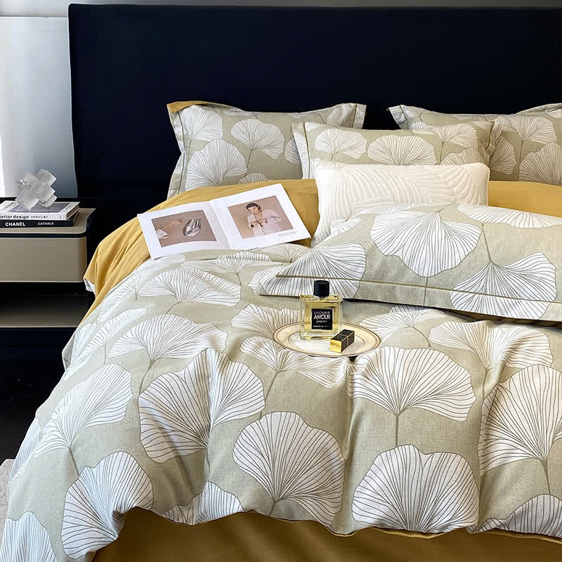 Parure de lit en coton brossé motif feuille de ginkgo (4 pièces)