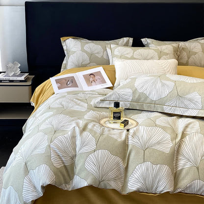 Parure de lit en coton brossé motif feuille de ginkgo (4 pièces)