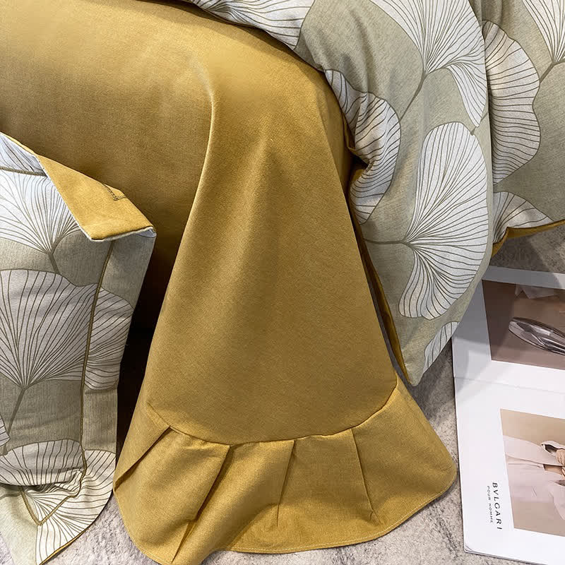 Parure de lit en coton brossé motif feuille de ginkgo (4 pièces)