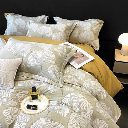 Parure de lit en coton brossé motif feuille de ginkgo (4 pièces)