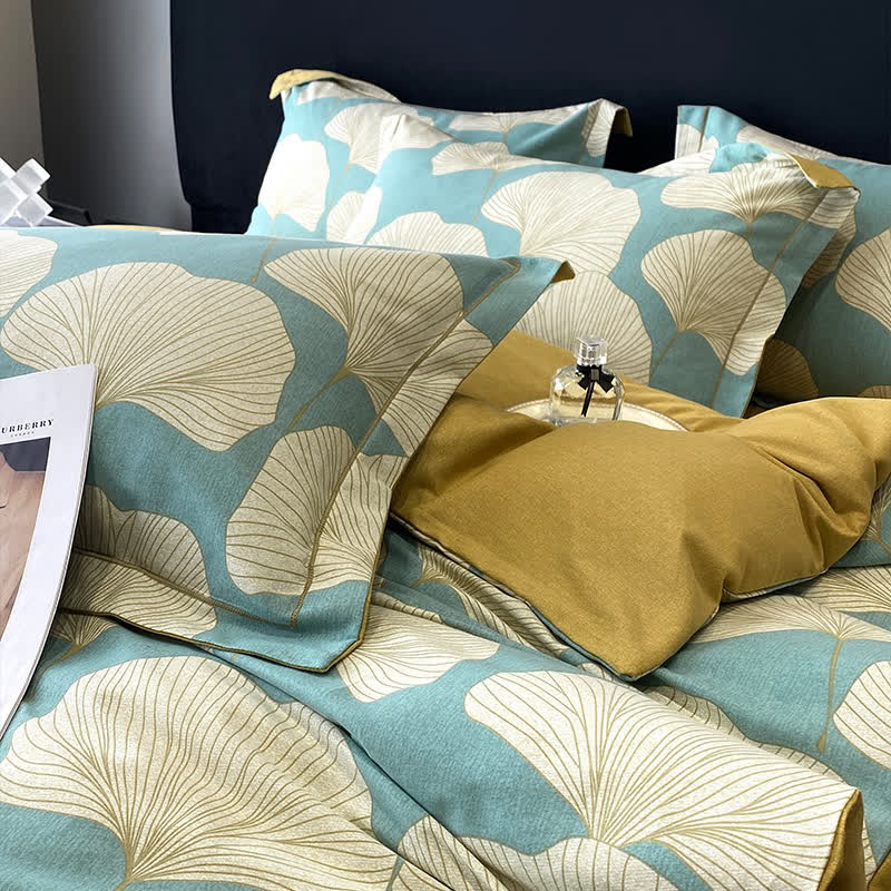 Parure de lit en coton brossé motif feuille de ginkgo (4 pièces)