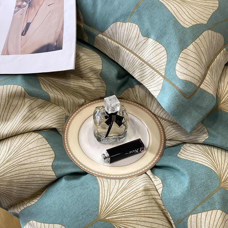 Parure de lit en coton brossé motif feuille de ginkgo (4 pièces)