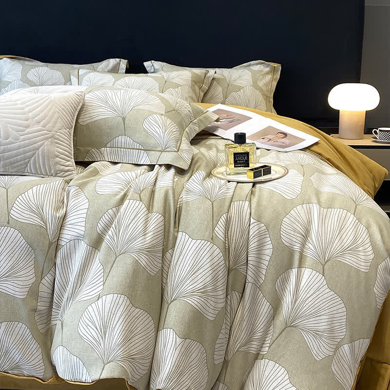 Parure de lit en coton brossé motif feuille de ginkgo (4 pièces)