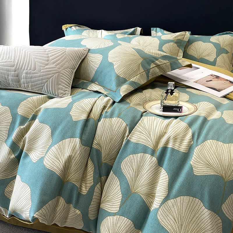 Parure de lit en coton brossé motif feuille de ginkgo (4 pièces)
