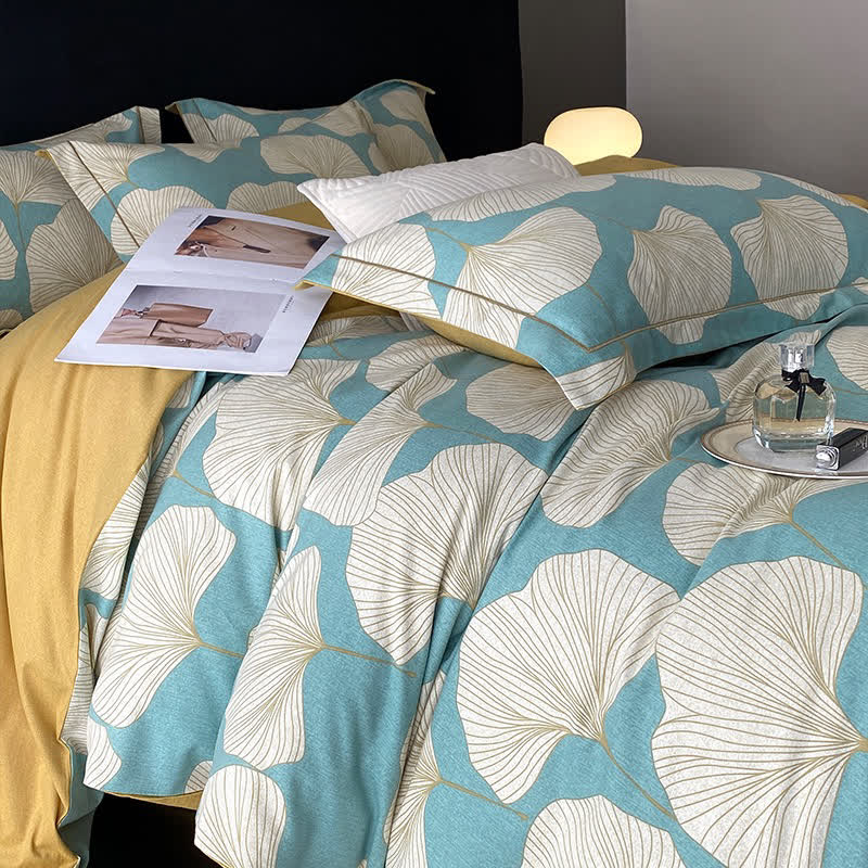 Parure de lit en coton brossé motif feuille de ginkgo (4 pièces)