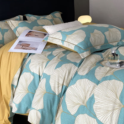 Parure de lit en coton brossé motif feuille de ginkgo (4 pièces)