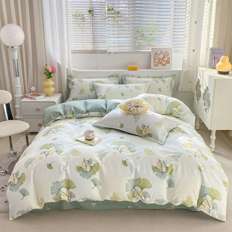 Linge de lit rafraîchissant en feuilles de ginkgo en pur coton