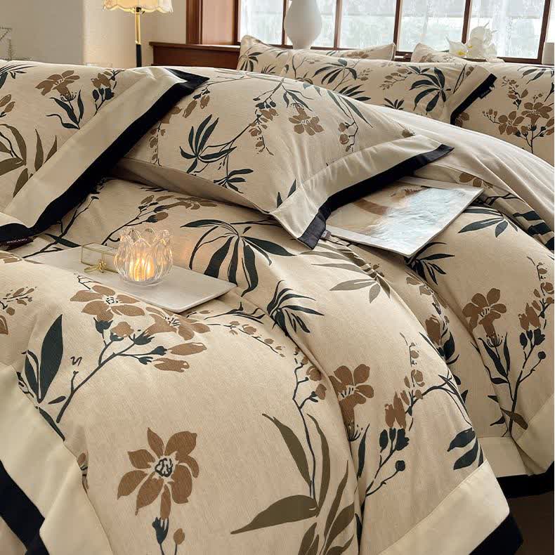 Parure de lit florale en coton brossé (4 pièces)