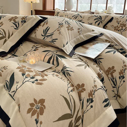 Parure de lit florale en coton brossé (4 pièces)