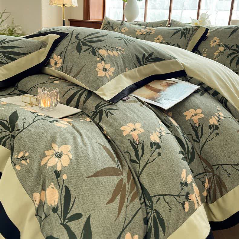 Parure de lit florale en coton brossé (4 pièces)