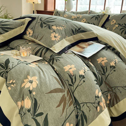 Parure de lit florale en coton brossé (4 pièces)