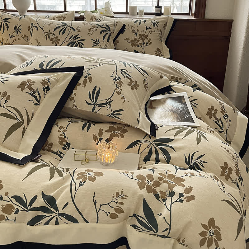Parure de lit florale en coton brossé (4 pièces)