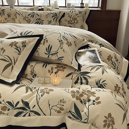 Parure de lit florale en coton brossé (4 pièces)