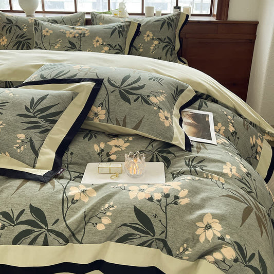 Parure de lit florale en coton brossé (4 pièces)